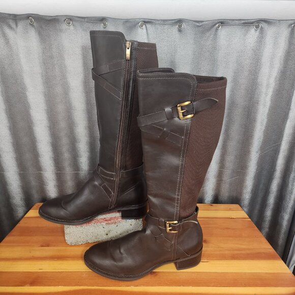 Franco Sarto Brown Knee High Riding Boots Chrome Zip Up Size 8.5M Neoprene Calf - Picture 4 of 16